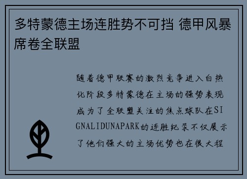 多特蒙德主场连胜势不可挡 德甲风暴席卷全联盟