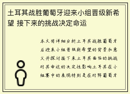 土耳其战胜葡萄牙迎来小组晋级新希望 接下来的挑战决定命运