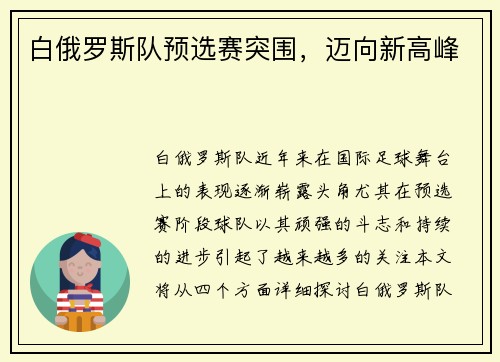 白俄罗斯队预选赛突围,迈向新高峰